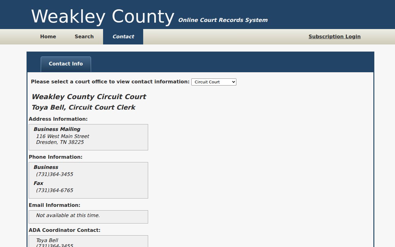 Weakley County warrant record clerk contact schema