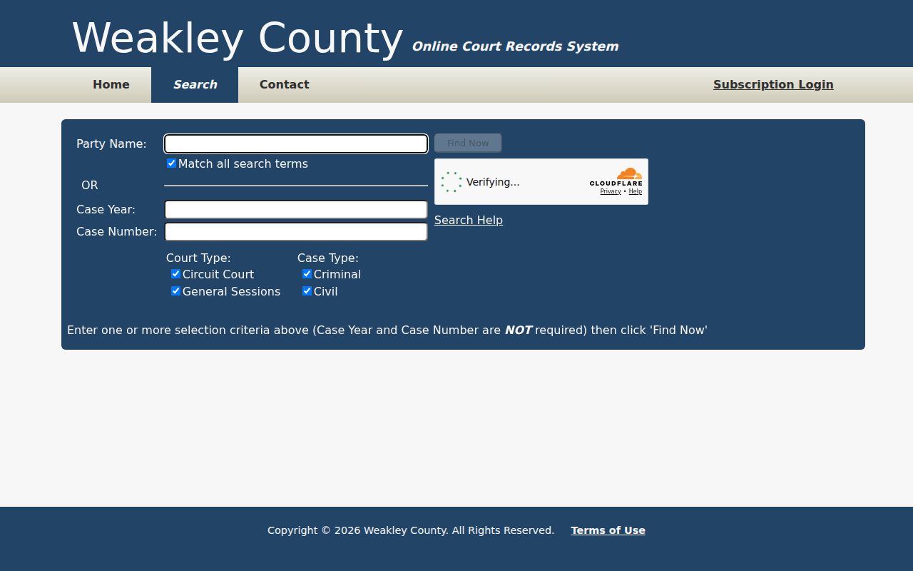 Weakley County warrant search fields and case filters